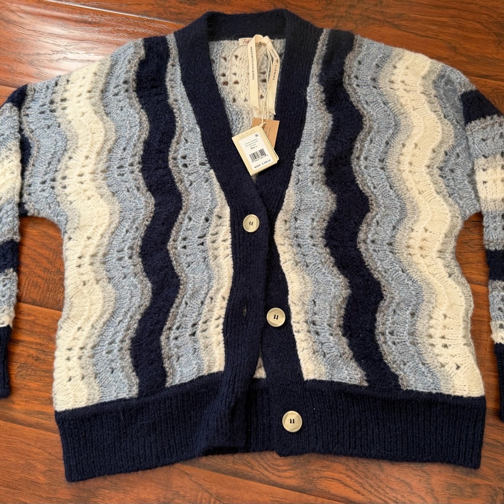 Faherty Freeride Cardigan Indigo Waves Sz L NWT Alpaca Blend MSRP $298